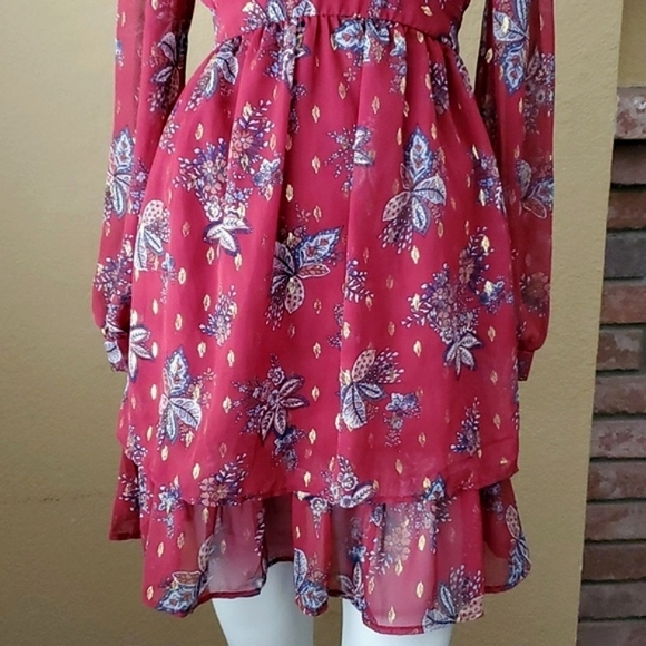 🆕FRANCESCA'S COLLECTION Mi Ami Burgundy V-Neck Floral Long Sleeve Dress SIZE: S - Picture 5 of 15